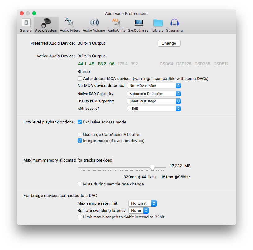 Library preferences. Audirvana 3.2.6. Audirvana. DSD Sample rate.